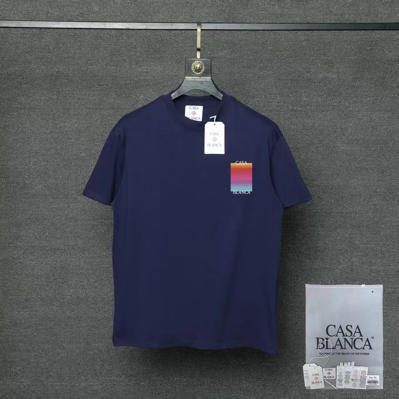 26ss CASABLANCA original printing process short-sleeved T-shirt original development using high-density double yarn pure cotton fabric upper body soft and comfortable color Black White Dark Green color Orange Pink Blue Royal Blue color cigarette powder 8 colors Sizes S M L XL